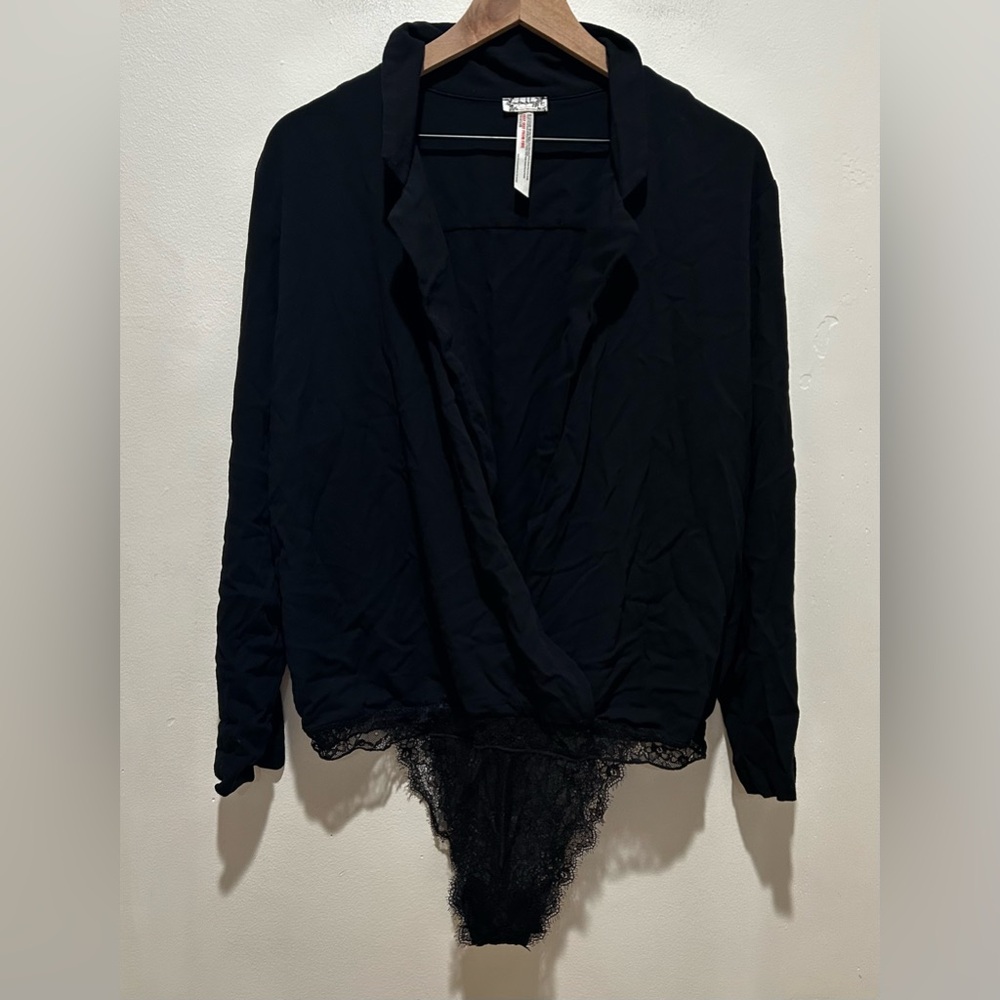 Intimately Free People Elsa Black Long Sleeve Bodysuit w/ Lace Snap Bottom Large